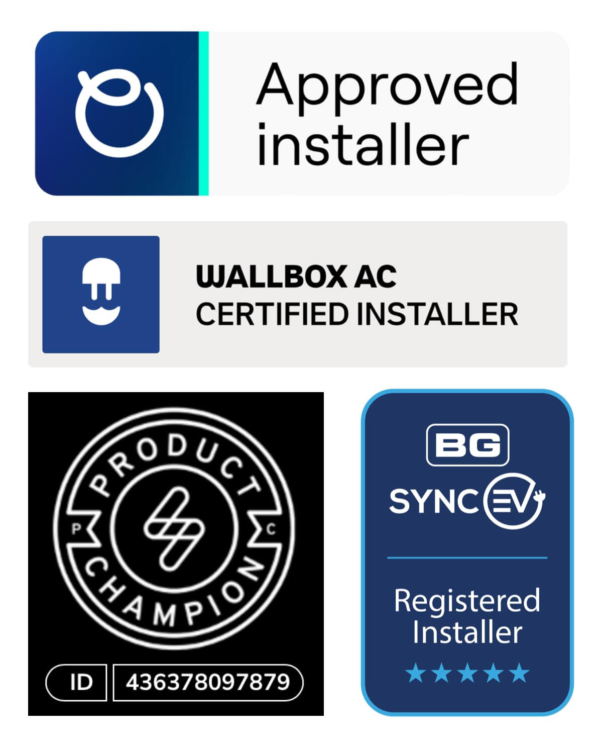 Approved installer badges for Ohme, Wallbox, myenergi and Sync Energy Approved installer badges for Ohme, Wallbox, myenergi and Sync Energy