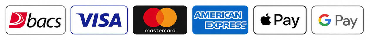 BACS / VISA / Mastercard / American Express / Apple Pay / Google Pay BACS / VISA / Mastercard / American Express / Apple Pay / Google Pay